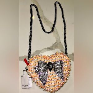 KURT GEIGER! (ORANGE) TWEED CRYSTAL BOW HEART CROSSBODY! BRAND NEW WITH TAGS!